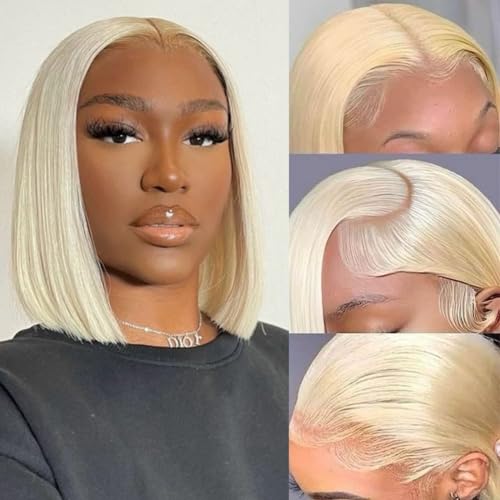 613 Blonde Bob Wig Human Hair 14 inch Lace Front Wigs Human Hair 180 Density 13x4 HD Transparent Straight Lace Frontal Wig Pre Plucked Glueless 613 Bob Wigs for Women