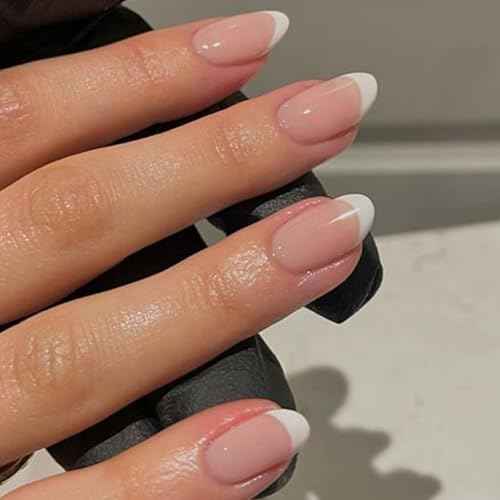 modelones French Tip Press On Nails, Short Oval Fake Nails Press Ons with Nail Glue, Adhesive Tabs, Nail File, Prep Pad, Manicure Stick, 32Pcs 16 Sizes, Nude, Christmas
