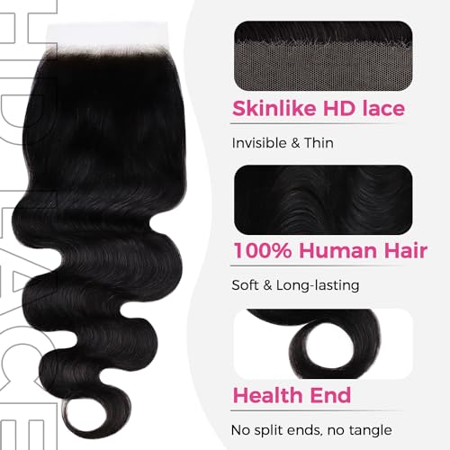 Lashey 5x5 SKINLIKE Real HD Lace Closure Body Wave, 0.10mm Ultra-Thin Human Hair Closure Pre Bleached Knots Pre Plucked Invisible Hairline 14 Inch Natural Black