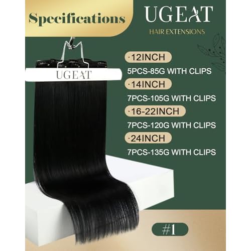 Ugeat Jet Black Clip in Hair Extensions Human Hair 18 Inch Real Hair Clip in Extensions for Beginner Real Human Hair Clip ins No Glue Needed 7pcs 120g Jet Black