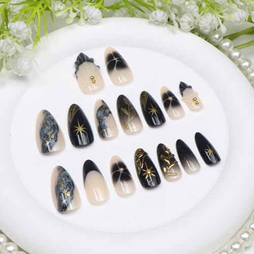Medium Press on Nails Almond Golden Leaves Beads Stars Flowers Dark Blue French Tip Fake Nails Press ons Acrylic Glossy Glue on Nail Full Cover Stick on Nail for Women 24 Pcs