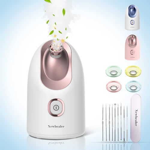 Newbealer Facial Steamer, Mini Aroma Face Steamer, Nano Ionic Hot Mist Face Humidifier for Facial Deep Cleaning, Home Sauna Spa Sprayer with 9 Pieces Acne Remover Kit (White-Gold, 160 ML)