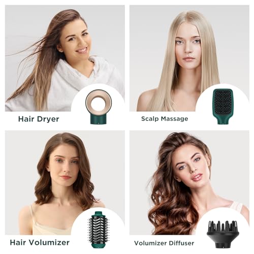IG INGLAM Hair Dryer Brush, 4-in-1 Detachable Blow Dryer Brush, Ionic Diffuser Hair Dryer & Styler Volumizer with Oval Titanium Barrel, One-Step Hot Air Blowout Styler, Dark Green