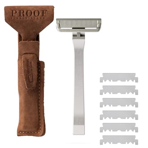 Proof Benchmark Single Blade Razor CNC Machined Aluminum Metal - Made in USA - Pivoting Head for a Smooth & Comfortable Shave - Easy Blade Replacement - Durable Design with Grooved Cap & Leather Case