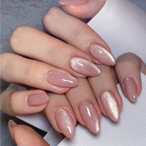 Nails Press on, Nude Pink Girls Fake Nails with Cat's Eye Bright Colors Design, Acrylic Artificial False Nails Press Ons Short Press on Nails For Women