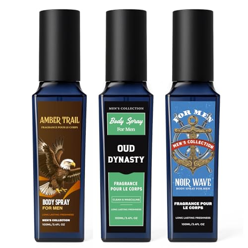 CLESH Fragrance Mist, Body Spray for Men, 3.4 Fl Oz, 3 Pack, Noir Wave, Oud Dynasty, Amber Trail, Long Lasting Mens Body Spray