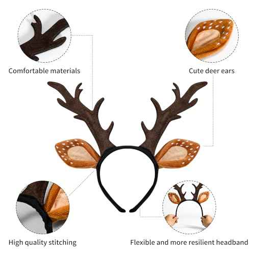 Deer Antlers Headband, Deer Costume for Women Adults, Cute Reindeer Horns Ears Costume Accessories for Halloween Christmas Cosplay Supplies