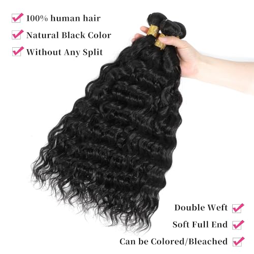Water Wave Bundles Human Hair 20 22 24 Inch Deep Curly Human Hair Bundles 100% Unprocessed Brazilian Natural Wave Quick Weave Hair for Women Natural Black