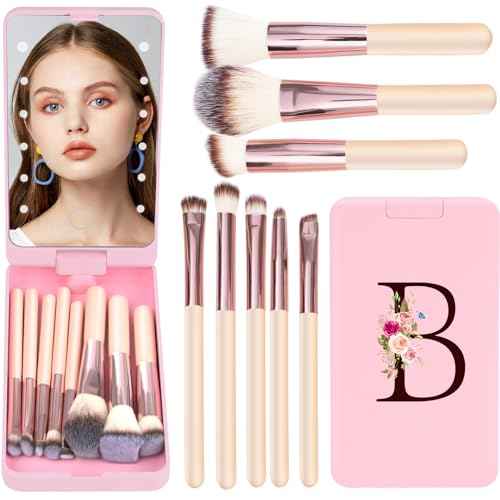 Mini 8-Piece Travel Makeup Brush Set with LED Light Mirror, Personalized Monogrammed Brush for Teen Girls, Stylish and Compact Travel Essentials(Pink-B)