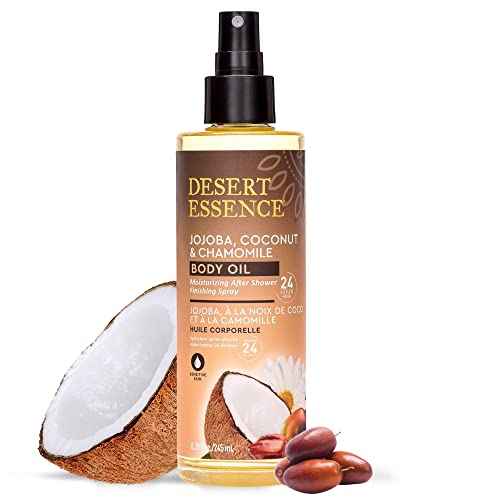 Desert Essence Body Oil Spray ? 8.28 fl oz | Jojoba, Coconut & Chamomile | 24-Hour Moisture for Dry Skin | Lightweight After-Shower Oil | Vegan, Cruelty-Free, B-Corp, Made in USA