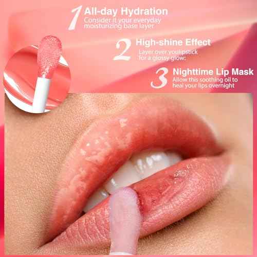 2Pack Big Brush Head Hydrating Lip Glow Oil Plumping Lip Tint, Hydrating Lip Gloss Tinted Lip Balm Transparent Lip Care, Long Lasting Nourishing Non-sticky Fresh Texture (Strawberry + Raspberry)