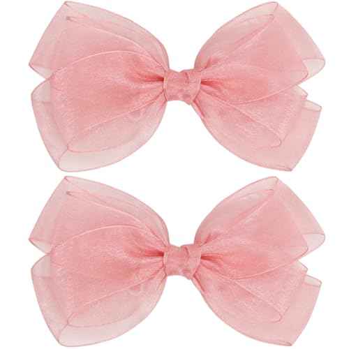 Large Big 6 Inch Organza Double Hair Bow Clip Party Alligator Mesh Hair Accessories for Women Teens Girls Kids 2 Pcs (Pink)