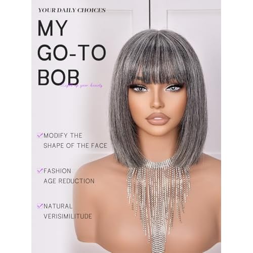 Bob Wig Human Hair 210% Density Bob Wig with Bangs 100% Human Hair Wigs for Black Women Pre-Bleached Glueless Straight Bob Wigs(10Inch)