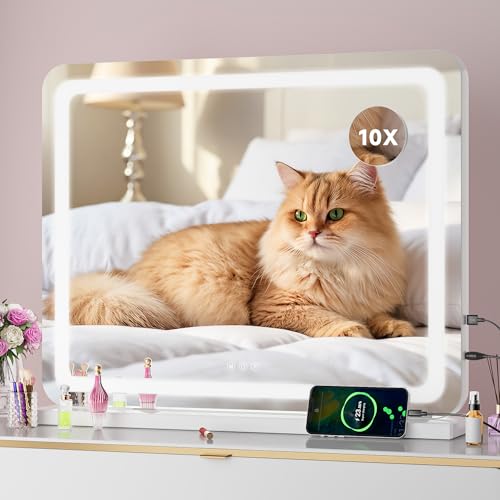 Vanity Mirror with Lights, 23" x 18" LED Makeup Mirror with 10X Magnification, Dimmable 3 Modes, Memory Function, Smart Touch, USB Charging Port, Lighted Makeup Mirror Round White