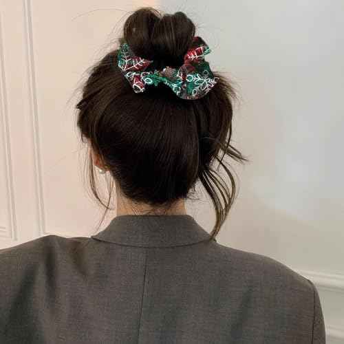 Christmas Hair Scrunchies Snowflake Hair Bands Soft Elastic Scrunchy Ponytail Holder Hair Ties Red Green Snow Flake Plaid Design Hair Scrunchy for Women Girls Silk Hair Ropes Festival Party Supplies
