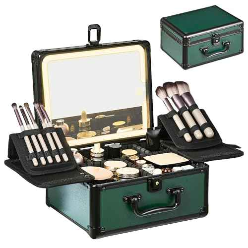 Makeup Case with Lighted Mirror, Makeup Box Organizer with Detachable LED Mirror, Travel Makeup Train Case, Waterproof Cosmetic Organizer, Standing Makeup Brush Holder, Gift, Black Green