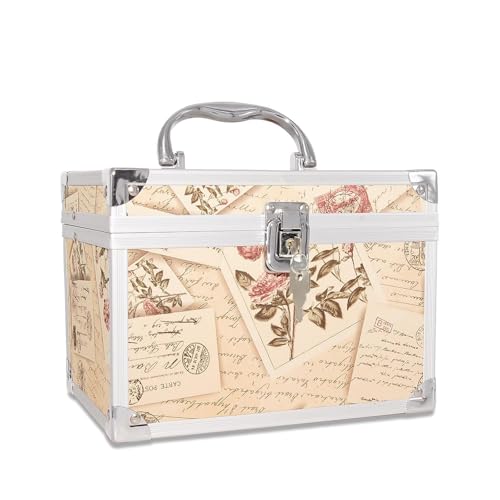 VNIMTI Makeup Train Case, Portable Makeup Box with Mirror, Cosmetic Storage Box for Women with Trays, Makeup Box Organizer for Vanity, Travel, Lockable& Large Capacity (Philatelic Style)