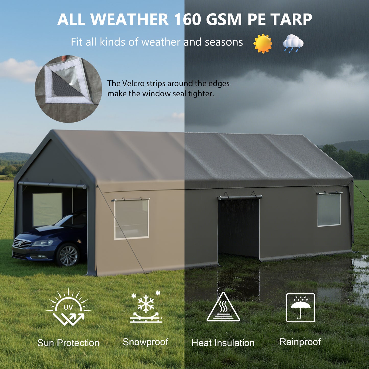 13x26 FT Heavy Duty Carport Canopy With 2 Roll-Up Doors 1 Side Door,