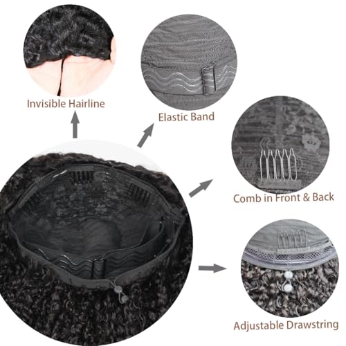 Kinky Curly Half Wig Human Hair 3 in 1 Glueless Wear And Go Human Hair Half Wigs For Women Seamless Flip Over Drawstring Headband Wig 180% Density Beginner Friendly 1B 18inch