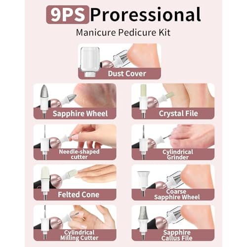 Professional Manicure Pedicure Kit, Cordless Electric Nail File Set, Rechargeable Pedicure Tools for feet, 5 Speeds Hand Foot Care Nail Drill for Thick Nail Toenail Cuticle Women Men Baby Pets