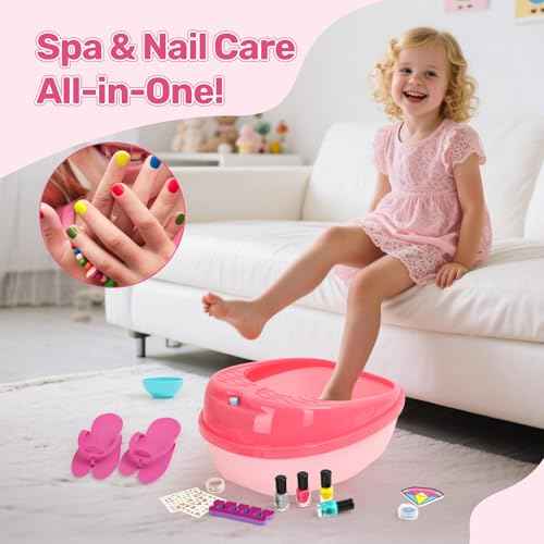 Kids Foot Spa with Nail Kit for Girls 4-12, All-in-1 Kids Pedicure Foot Spa Day Salon Toy Kit with Colorful Lights & Nail Art, Party Birthday for Girl?s