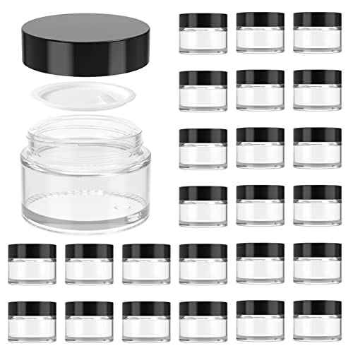 1oz Glass Jar with Lid, Hoa Kinh 40 Pack Clear Round Containers Cosmetic Glass Jars with Inner Liners and Black Lids Travel Jars for Storing Lip and Body Scrub, Lotion, Body Butter, Bath Salts, Liquid