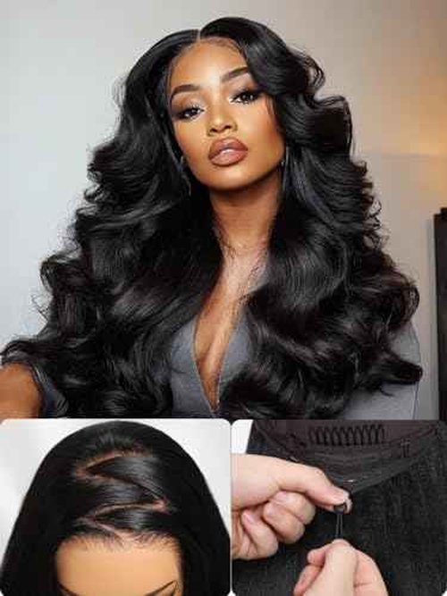 GABRIELLE 28 Inch Drawstring Wear And Go 13x6 Lace Front Body Wave Glueless Wigs Human Hair Brazilian Pre Plucked Pre Cut 200 Density HD Lace Frontal Wigs for Women Natural Black Glueless Wig