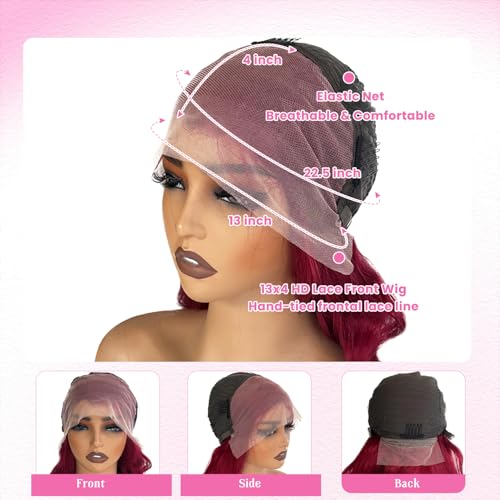 Benafee 28 Inch 99J Burgundy Lace Front Wigs Human Hair Body Wave 13x4 HD Transparent Lace Front Wigs Human Hair Pre Plucked Wine Red Glueless Real Remy Wig for Black Women Reddish Brown Color