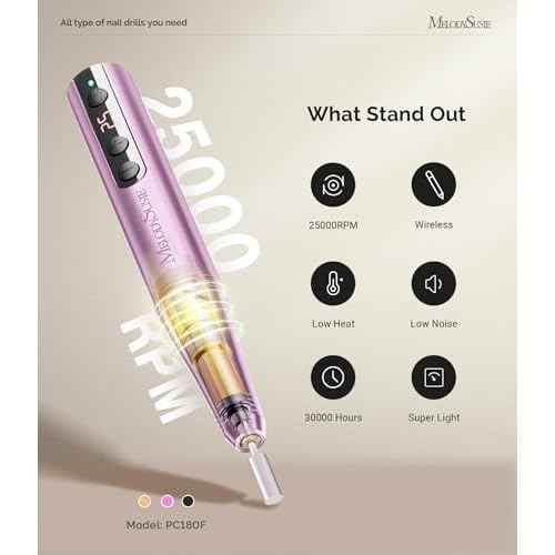 MelodySusie Cordless Nail Drill, PC180F Rechargeable 25,000RPM Eletric Nail File with Nail Drill Bits, Sanding Bands for Beginners