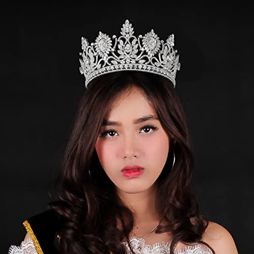 QXMYOO Luxury Large Tiaras and Crowns for Wedding Cubic Zirconia Pageant Crown Tall Bride Tiara Silver Gold Sun Flower CZ Birthday Prom Party Headpiece Bridal Hair Accessories