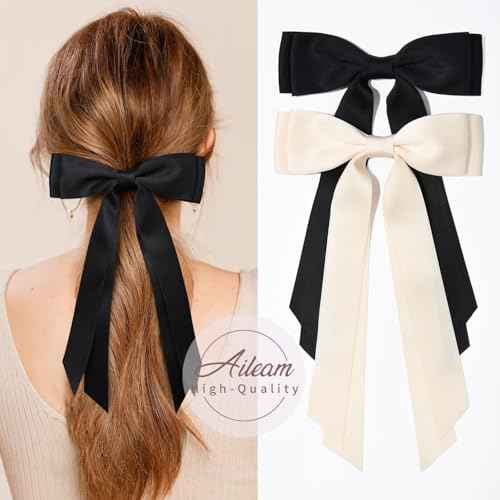 2PCS Hair Bows Hair Clip Beige Black Hair Ribbon Ponytail Holder Accessories Slides Metal Clips Hair Bow for Women Girls Toddlers Teens Kids