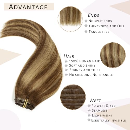 Caliee Seamless Clip in Hair Extensions Human Hair 14 Inch 115G Full Head Double Weft R4-4/27 Chocolate Brown to Caramel Blonde with Brown Roots 8Pcs Balayage Human Hair Clip in Extensions