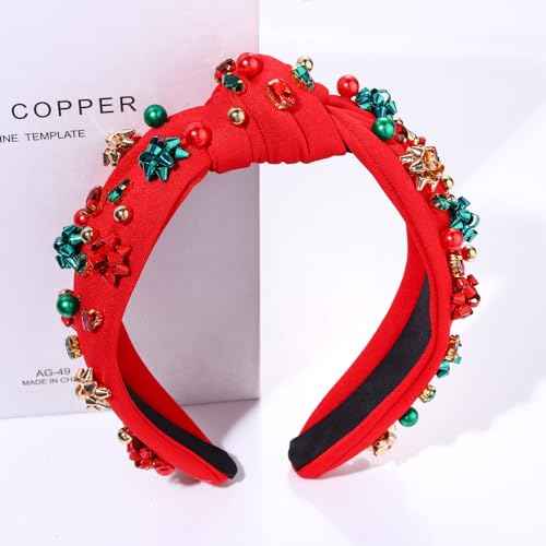 2PCS Christmas Headband for Women - Xmas Bow & Tree Knotted Headband with Red Green Crystal Pearl Jeweled Top Knot - Festive Holiday Hair Accessories - Party Gifts