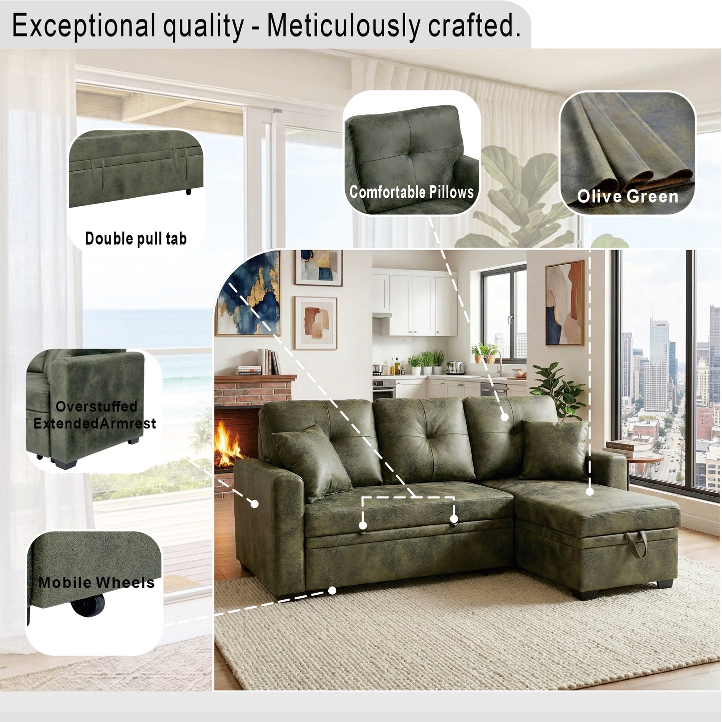 Sleeper Sofa with Pull-Out Bed & Reversible Chaise - Olive Green