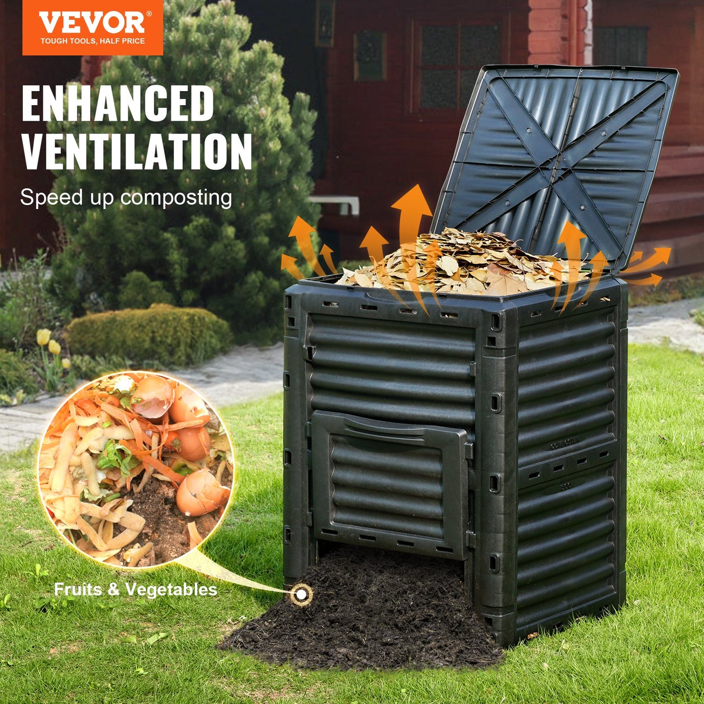 80 Gallon Outdoor Compost Bin with Lid & Bottom Door - Large Capacity Garden Tool