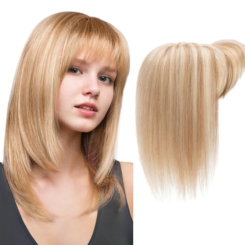Hair Toppers for Women Real Human Hair 12 Inch Long Straight Toppers for Women with Thinning 7 * 13CM Silk Base Clip in Hairpieces with Bangs (Golden Brown & Bleach Blonde)