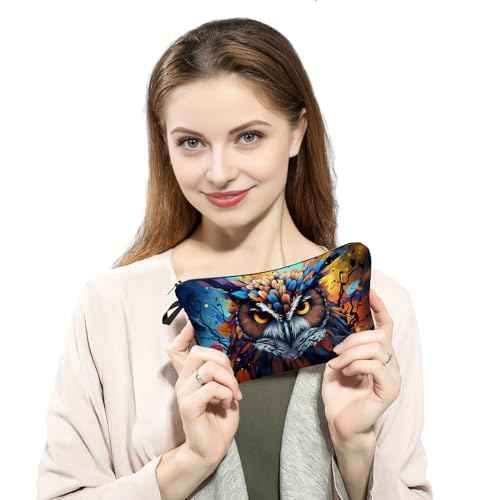 Owl Makeup Organizer Bag - Cute Small Cosmetic Bag with Zipper - Colorful Owl Print - Unisex - Polyester - 8.65 x 4.72 x 1.77 inches - 25 grams