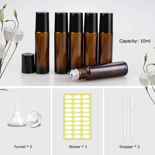 sungwoo 12 Pack Essential Oil Roller Bottles Stainless Steel, 10ml Amber Glass Roller Bottles with Caps for Travel, Perfume and Lip Gloss