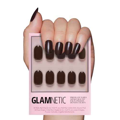 Glamnetic Press On Nails - Bark Brown | Opaque Dark Brown Short Round Fake Nails, Salon Quality | 12 Sizes - 30 Nail Kit