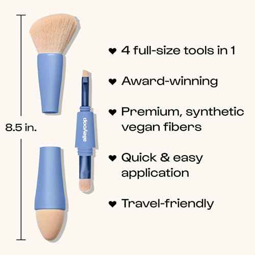 Alleyoop Multi-Tasker 4-in-1 Travel Makeup Brush Set ? Compact Makeup Brushes with Blending Sponge, Eyeshadow, Eyebrow & Liner, Blush & Bronzer Brush ? Mini Makeup Tools Kit for Women, Vegan