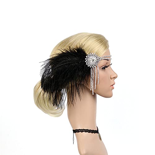 Flapper Headbands for Women 1920s Feather Headpiece Great Gatsby Roaring 20s Hair Accessories Crystal Elastic Rhinestone (Black)