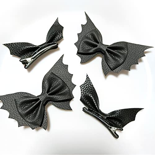 Halloween Bat Hair Bow Clips 4pcs Black PU Leather Alligator Barrettes for Teen Toddler Girls Women Kids Goth Cosplay Costume Decoration Accessories Party Favor Gift