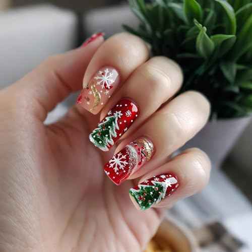 Christmas Press on Nails Medium Square Fake Nails Red Stick on Nail Winter False Nail with Design Xmas Tree Snowflake Gold Striped Nail Tips Pree ons Full Cover Xmas Nails for Women Manicure 24Pcs