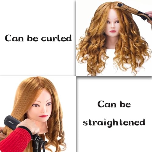 26"-28" Long Hair Mannequin Head with 60% Real Hair, Hairdresser Practice Training Head Cosmetology Manikin Doll Head with 9 Tools and Clamp - #27 Golden, Makeup On
