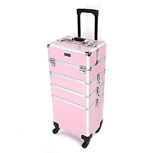 mefeir 4 in 1 Rolling Makeup Train Case, Aluminum Makeup Travel Organizer Cosmetic Case, Cosmetology Display Suitcase on Wheels, Beauty Storage Luggage Lockable w/4 Removable Wheels (Pink)