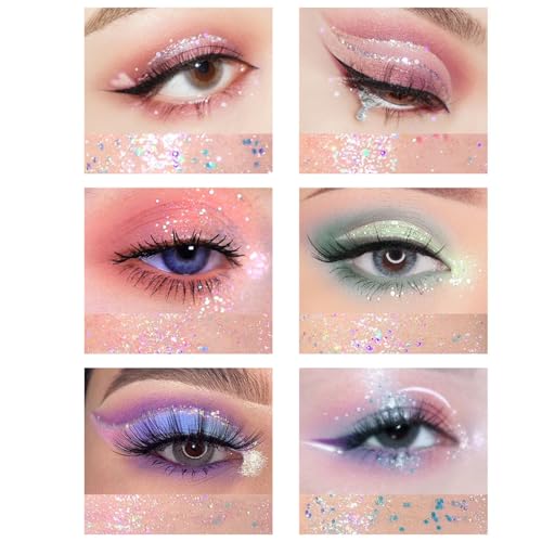 BONNIE CHOICE 6Pcs Liquid Glitter Eyeshadow Eyeliner, Korean Makeup Glitter Shinning Eye Liner Long Lasting Quick Drying Pigmented Loose Bling Under Eye Shadow Makeup Christmas Day Gifts for Women