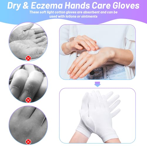 6 Pairs 100% Moisturizing Gloves for Dry Hands Overnight, Selizo 10 Pairs White Cotton Gloves for Women Eczema, Hand Moisturizer Sleeping Spa Gloves for Dry Hands Eczema