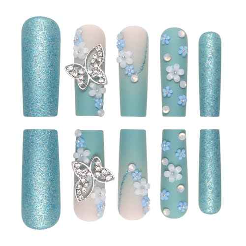 Gradient Press on Nails Matte Fake Acrylic Long Blue Nails Square French Full Cover Butterfly Fake Nails for Women and Girls 24PCS