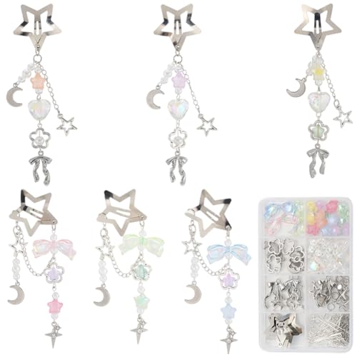 SUNNYCLUE 1 Box DIY 6 Sets Star Tassel Hair Clips Making Kit Hairclip Pack Stars Moon Bowknot Cute Hairpins Hairclips With Beaded Tassels Hairpin Accessories for Women Braid Long Short Thin Thick Hair
