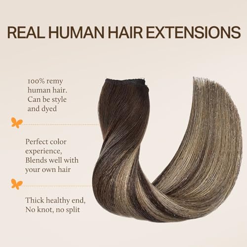 DOORES Wire Hair Extensions 14 Inch 75g Remy Human Wire Hair Extensions Invisible Transparent Line Adjustable Hairpieces Secret Extensions Straight Hair Balayage Chocolate Brown to Honey Blonde